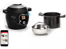 Charger l&#39;image dans la galerie, Un multicuiseur Moulinex Cookeo Smart noir et argenté avec accessoires et un téléphone.

