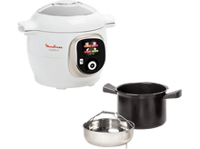 Charger l&#39;image dans la galerie, Moulinex Cookeo blanc et gris, avec accessoires: pot, panier vapeur. Le tout sur fond noir.
