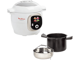 Moulinex Cookeo blanc et gris, avec accessoires: pot, panier vapeur. Le tout sur fond noir.