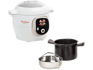 Moulinex Cookeo blanc et gris, avec accessoires: pot, panier vapeur. Le tout sur fond noir.