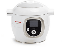 Charger l&#39;image dans la galerie, Un multicuiseur Moulinex Cookeo blanc et gris est présenté sur fond blanc.
