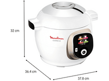 Charger l&#39;image dans la galerie, Un Moulinex Cookeo blanc et doré. Il a un écran et des étiquettes de dimensions.
