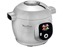 Charger l&#39;image dans la galerie, Un Moulinex cookeo blanc et argenté. Il possède un écran et des boutons. Le couvercle est argenté brillant.
