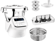Robot culinaire blanc Moulinex i-Companion XL avec accessoires : lames, panier vapeur, etc.