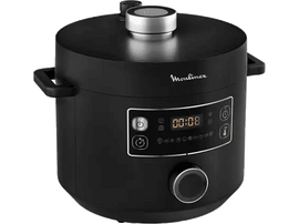 Multicuiseur Moulinex noir avec écran numérique affichant 00:08 et boutons de commande.