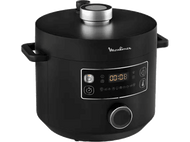 Multicuiseur Moulinex noir avec écran numérique affichant 00:08 et boutons de commande.