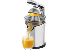 Charger l&#39;image dans la galerie, Extracteur de jus avec orange. Verre de jus. Design argenté et transparent.

