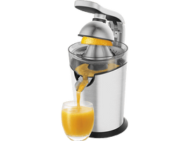 Extracteur de jus avec orange. Verre de jus. Design argenté et transparent.