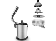 Charger l&#39;image dans la galerie, Presse-agrumes argenté démonté, composants : dessus, alésoir, passoire et récipient à jus transparent.
