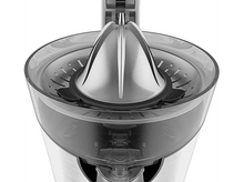 Charger l&#39;image dans la galerie, Pièces d&#39;extracteur de jus : cône en métal, dessus en plastique transparent et base argentée.
