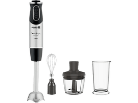 Ensemble mixeur plongeant. Mixeur argenté et noir avec accessoires et verre doseur.