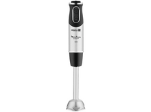 Charger l&#39;image dans la galerie, Un mixeur plongeant argent et noir sur fond blanc avec une poignée noire et argentée.
