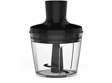 Charger l&#39;image dans la galerie, Base de mixeur plongeant noire et transparente avec un récipient transparent et une lame.
