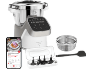 Robot culinaire Moulinex Companion Pro avec accessoires, smartphone et fond noir.