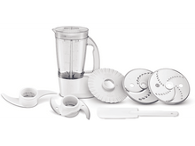 Charger l&#39;image dans la galerie, Un blender blanc avec des accessoires comprenant des lames, un couvercle et un gobelet doseur.
