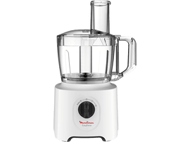 Robot culinaire Moulinex Easy Force blanc, avec un récipient et une poignée transparents.
