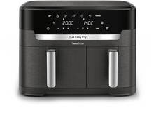 Charger l&#39;image dans la galerie, Friteuse à air Dual Easy Fry avec poignées et affichage numérique. Schéma de couleurs noir et argent.
