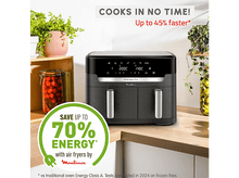 Charger l&#39;image dans la galerie, Friteuse à air noire avec deux paniers et un graphique d&#39;économie d&#39;énergie vert.

