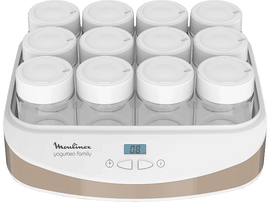 Une yaourtière Moulinex blanche et beige avec douze pots en verre à l