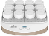 Une yaourtière Moulinex blanche et beige avec douze pots en verre à l'intérieur et un affichage numérique.