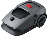 Tondeuse robot MOVA grise. Elle est sur une surface sombre, avec un bouton rouge sur le dessus.