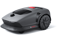 Charger l&#39;image dans la galerie, Tondeuse robot MOYA grise, bouton rouge, roues noires, fond blanc.
