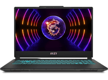 Charger l&#39;image dans la galerie, Un ordinateur portable MSI noir est ouvert. L&#39;écran affiche un logo de dragon à l&#39;intérieur d&#39;une sphère. Le clavier est éclairé en turquoise sur fond noir.
