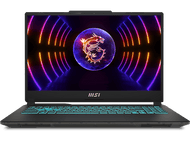 Un ordinateur portable MSI noir est ouvert. L'écran affiche un logo de dragon à l'intérieur d'une sphère. Le clavier est éclairé en turquoise sur fond noir.