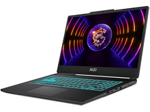 Charger l&#39;image dans la galerie, Ordinateur portable MSI noir avec clavier lumineux. L&#39;écran affiche un logo de dragon et des lignes néon colorées. L&#39;ordinateur est incliné sur fond blanc.
