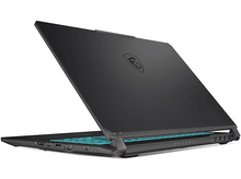Charger l&#39;image dans la galerie, Un ordinateur portable noir est ouvert, affichant un clavier éclairé. Le logo MSI est sur le couvercle. Le fond est blanc.
