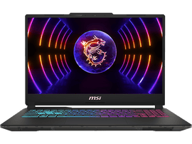 Ordinateur portable de jeu MSI, noir, ouvert avec logo de dragon lumineux sur l
