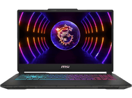 Ordinateur portable de jeu MSI, noir, ouvert avec logo de dragon lumineux sur l'écran, lignes colorées.