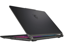 Charger l&#39;image dans la galerie, Un ordinateur portable noir, ouvert, vue en angle, avec des lumières colorées sur le clavier et fond blanc.
