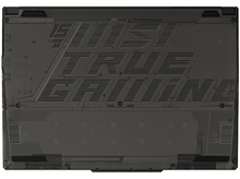 Charger l&#39;image dans la galerie, Un ordinateur portable gris foncé avec un design &#39;FIRST, GAME&#39; au dos, montrant des évents et des motifs géométriques.
