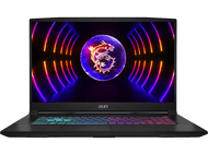 Ordinateur portable MSI avec un dragon sur l'écran. Le clavier est multicolore. Fond noir.