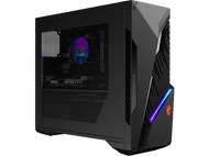 Un ordinateur de bureau de jeu MSI noir avec un panneau latéral en verre. L'intérieur est éclairé par un ventilateur arc-en-ciel.