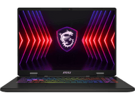 Ordinateur portable MSI avec clavier coloré et logo dragon sur l'écran, fond noir.