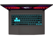 Charger l&#39;image dans la galerie, Un ordinateur portable vu d&#39;en haut, montrant un clavier avec des touches éclairées en bleu.
