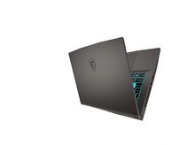 Charger l&#39;image dans la galerie, Un ordinateur portable MSI gris foncé, légèrement ouvert, montrant un clavier éclairé.
