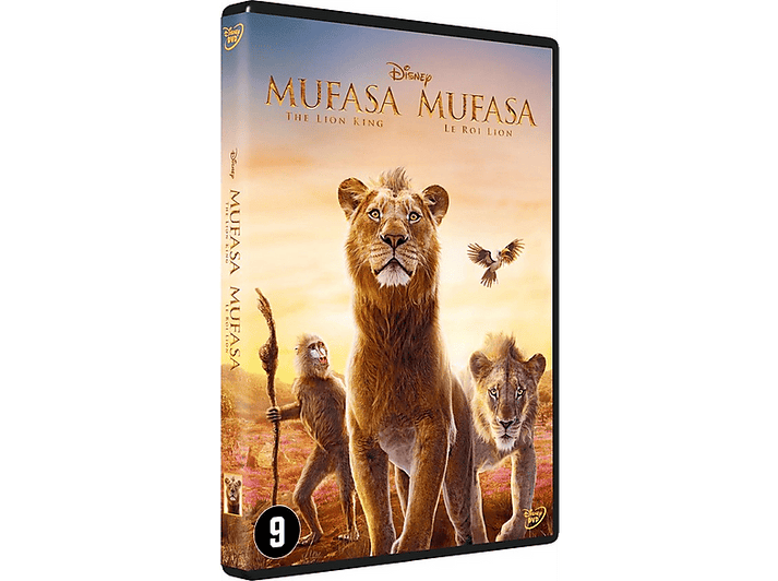 Pochette DVD Mufasa avec des lions, un babouin et un oiseau. Le titre est en anglais et en français.