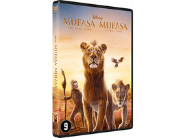 Pochette DVD Mufasa avec des lions, un babouin et un oiseau. Le titre est en anglais et en français.
