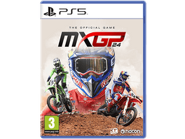 Couverture du jeu MXGP24. Pilotes de motocross sur motos. Logo PS5 en haut.