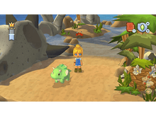 Charger l'image dans la galerie, Scène de dessin animé. Fille blonde et dinosaure vert sur la plage.
