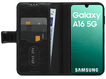 Charger l&#39;image dans la galerie, Étui de téléphone noir avec portefeuille, cartes, argent et écran de téléphone affichant &#39;Galaxy A16 5G&#39;.
