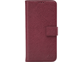 Étui de téléphone bordeaux, fermé, avec un logo, sur fond noir.