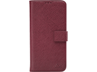 Étui de téléphone bordeaux, fermé, avec un logo, sur fond noir.