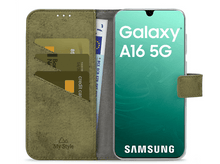 Charger l&#39;image dans la galerie, Étui de téléphone vert olive ouvert avec un téléphone, des cartes et un billet en euros.
