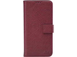 Un étui de téléphone bordeaux fermé avec une surface texturée et une fermeture magnétique.