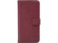 Un étui de téléphone bordeaux fermé avec une surface texturée et une fermeture magnétique.