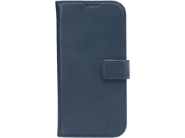 Étui de téléphone en cuir bleu, fermé, avec une languette magnétique et un petit logo en bas à droite.